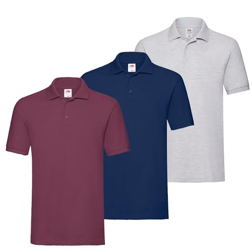 Fruit of the Loom 3er Premium Herren Polo-Shirt M L XL 2XL 3XL auch Farbsets (1Navy1Burgund1Grau + 1 HL Kauf Notizblock, L) von Fruit of the Loom