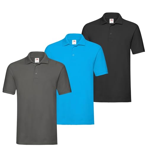 Fruit of the Loom 3er Premium Herren Polo-Shirt M L XL 2XL 3XL auch Farbsets (1Schwarz1Anthrazit1Azurblau + 1 HL Kauf Notizblock, 2XL) von Fruit of the Loom