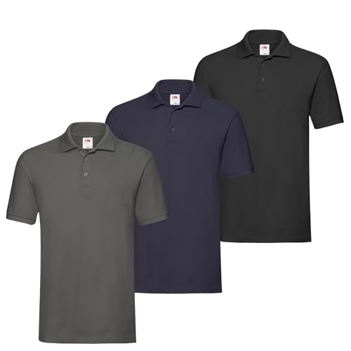 Fruit of the Loom 3er Premium Herren Polo-Shirt M L XL 2XL 3XL auch Farbsets (1Schwarz1Anthrazit1DeepNavy + 1 HL Kauf Notizblock, 2XL) von Fruit of the Loom