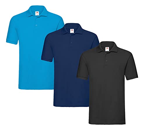 Fruit of the Loom 3er Premium Herren Polo-Shirt M L XL 2XL 3XL auch Farbsets (1Schwarz1Navy1Azurblau + 1 HL Kauf Notizblock, XL) von Fruit of the Loom