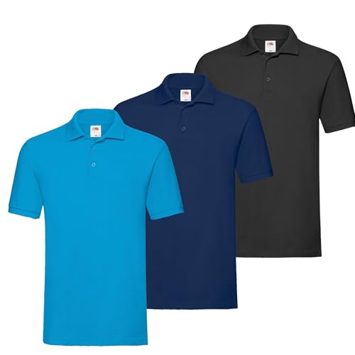 Fruit of the Loom 3er Premium Herren Polo-Shirt M L XL 2XL 3XL auch Farbsets (1Schwarz1Navy1Azurblau + 1 HL Kauf Notizblock, 2XL) von Fruit of the Loom