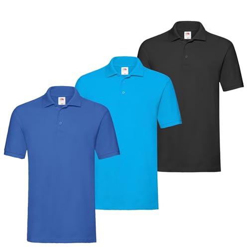 Fruit of the Loom 3er Premium Herren Polo-Shirt M L XL 2XL 3XL auch Farbsets (1Schwarz1Royalblau1Azurblau + 1 HL Kauf Notizblock, 2XL) von Fruit of the Loom