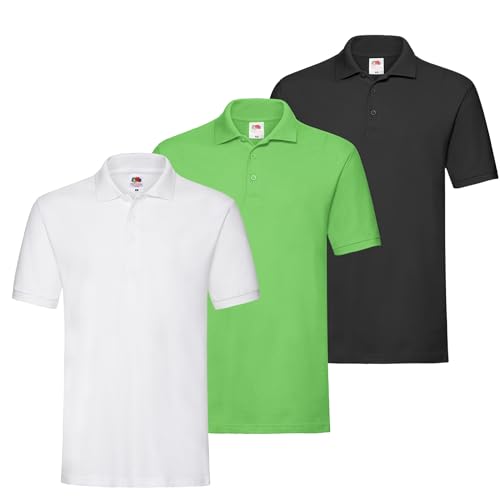 Fruit of the Loom 3er Premium Herren Polo-Shirt M L XL 2XL 3XL auch Farbsets (1Schwarz1Weiss1Limegreen + 1 HL Kauf Notizblock, M) von Fruit of the Loom