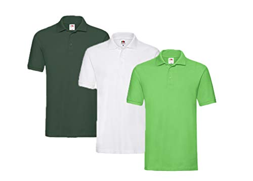 Fruit of the Loom 3er Premium Herren Polo-Shirt M L XL 2XL 3XL auch Farbsets (1Weiss1Flaschengrün1Limegreen + 1 HL Kauf Notizblock, L) von Fruit of the Loom