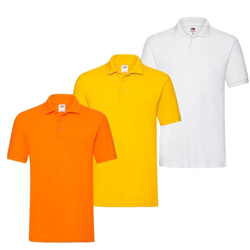 Fruit of the Loom 3er Premium Herren Polo-Shirt M L XL 2XL 3XL auch Farbsets (1Weiss1Gelb1Orange + 1 HL Kauf Notizblock, L) von Fruit of the Loom