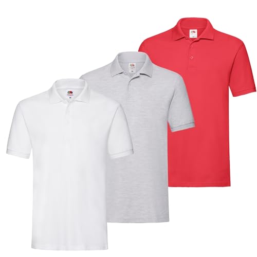 Fruit of the Loom 3er Premium Herren Polo-Shirt M L XL 2XL 3XL auch Farbsets (1Weiss1Grau1Rot + 1 HL Kauf Notizblock, M) von Fruit of the Loom