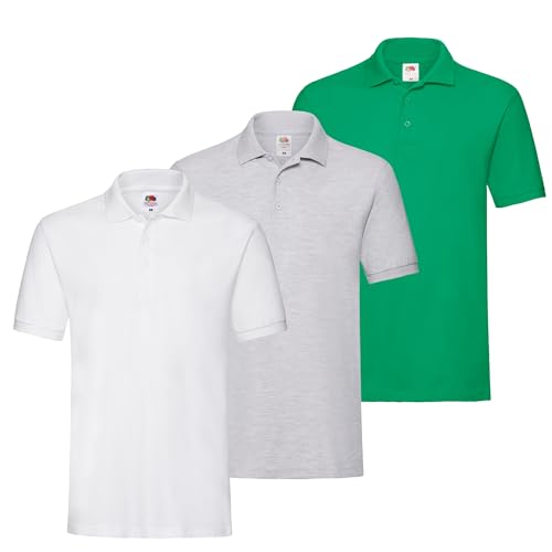 Fruit of the Loom 3er Premium Herren Polo-Shirt M L XL 2XL 3XL auch Farbsets (1Weiss1Maigrün1Grau + 1 HL Kauf Notizblock, XL) von Fruit of the Loom