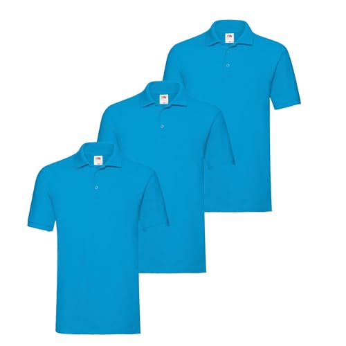 Fruit of the Loom 3er Premium Herren Polo-Shirt M L XL 2XL 3XL auch Farbsets (3erAzurblau + 1 HL Kauf Notizblock, L) von Fruit of the Loom