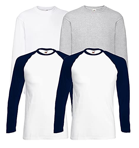Fruit of the Loom 4 T Shirt Longsleeve Baseball T M L XL XXL Langarm (3XL, 2 Base WhiteNavy + 1LS Weiss + 1LS Grau + 1 HLKauf Notizblock) von Fruit of the Loom