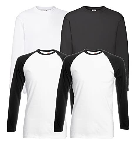 Fruit of the Loom 4 T Shirt Longsleeve Baseball T M L XL XXL Langarm (3XL, 2 Base Whiteblack + 1LS Weiss + 1LS Schwarz + 1 HLKauf Notizblock) von Fruit of the Loom