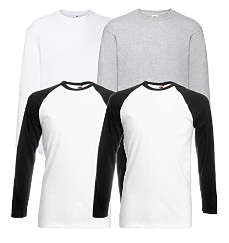 Fruit of the Loom 4 T Shirt Longsleeve Baseball T M L XL XXL Langarm (M, 2 Base Whiteblack + 1LS Weiss + 1LS Grau + 1 HLKauf Notizblock) von Fruit of the Loom