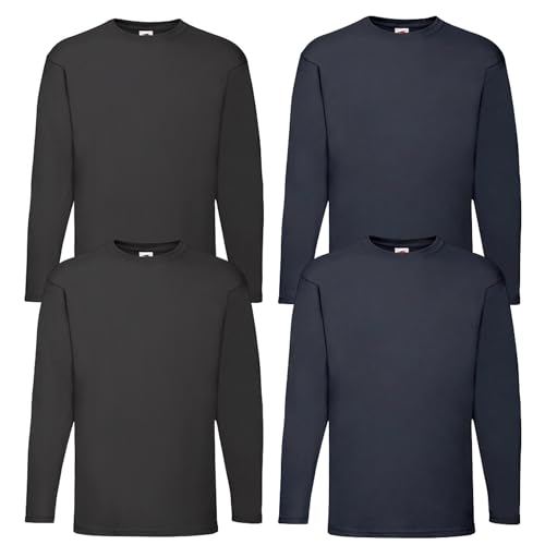Fruit of the Loom 4er Herren Longsleeve Baumwolle Tshirt Langarm Shirt Sets Verschiedene Farbsets M L XL 2XL 3XL 4XL 5XL & HLKauf-Block (M, 2X Schwarz, 2X Deep Navy & 1x HLKauf-Block) von Fruit of the Loom