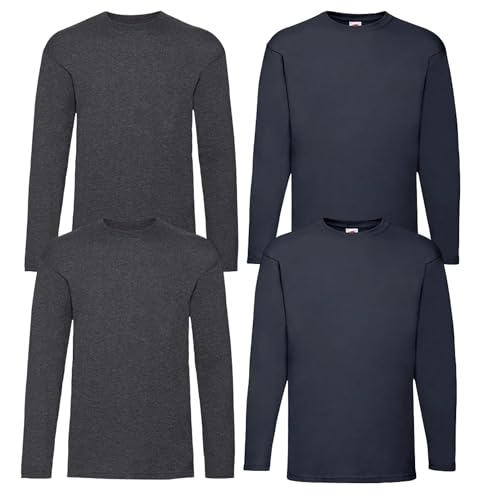 Fruit of the Loom 4er Herren Longsleeve Baumwolle Tshirt Langarm Shirt Sets Verschiedene Farbsets M L XL 2XL 3XL 4XL 5XL & HLKauf-Block (XL, 2X Dark Heather, 2X Deep Navy & 1x HLKauf-Block) von Fruit of the Loom