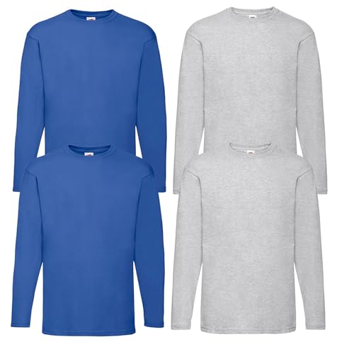 Fruit of the Loom 4er Herren Longsleeve Baumwolle Tshirt Langarm Shirt Sets Verschiedene Farbsets M L XL 2XL 3XL 4XL 5XL & HLKauf-Block (XXL, 2X Royal, 2X Grau & 1x HLKauf-Block) von Fruit of the Loom