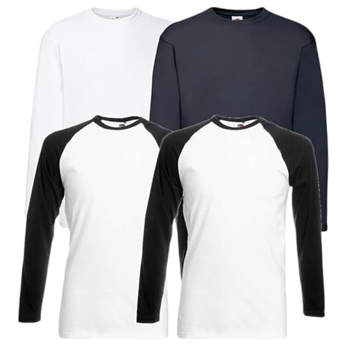 Fruit of the Loom 4er Herren Longsleeve Baumwolle Tshirt Langarm Verschiedene Farbsets M L XL 2XL 3XL 4XL 5XL & HLKauf-Block (M, 2X Base White/Black, 1x Weiß, 1x Deep Navy & 1x HLKauf-Block) von Fruit of the Loom