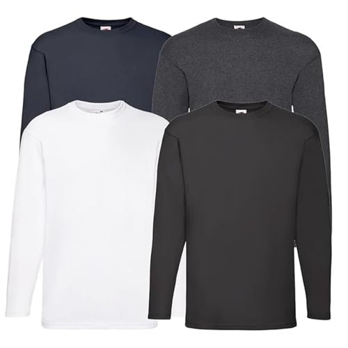 Fruit of the Loom 4er Herren Longsleeve Baumwolle Tshirt Langarm Verschiedene Farbsets M L XL 2XL 3XL 4XL 5XL & HLKauf-Block (XL, 1x Weiß, 1x Schwarz, 1x D.Navy, 1x D.Heather & 1x HLKauf-Block) von Fruit of the Loom