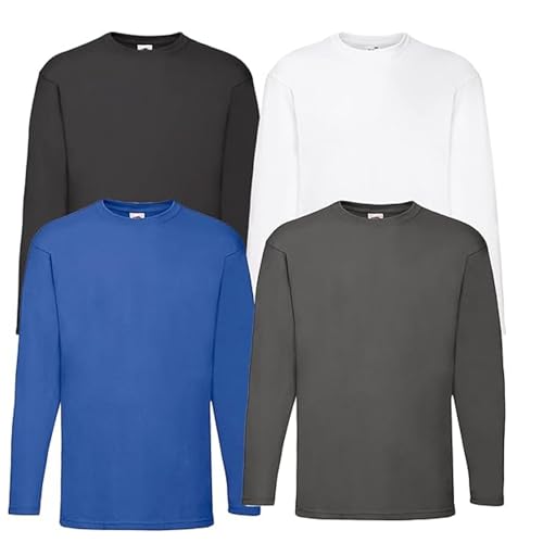 Fruit of the Loom 4er Herren Longsleeve Baumwolle Tshirt Langarm Verschiedene Farbsets M L XL 2XL 3XL 4XL 5XL & HLKauf-Block (XXL, 1x Weiß, 1x Schwarz, 1x Royal, 1x Graphit & 1x HLKauf-Block) von Fruit of the Loom