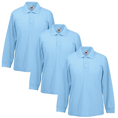 3er Pack Fruit of the Loom Kinder Langarm 65/35 Poloshirt Schuluniform Jungen Mädchen (7-8 Jahre 76.2 cm Brustumfang, 3 x Himmelblau), 3 x Himmelblau, 7-8 Jahre von Fruit of the Loom