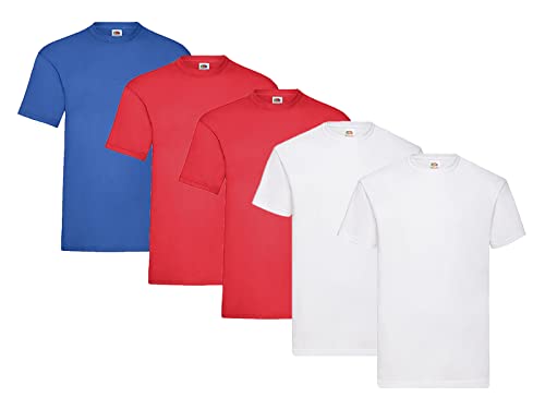 Fruit of the Loom 5-Pack Valueweight T-Shirt, 2X Weiss + 2X Rot + 1x Royal + 1 HL Kauf Notizblock, Größe XXL von Fruit of the Loom