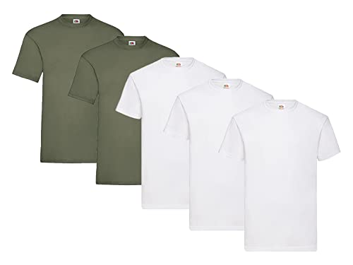 Fruit of the Loom 5 T-Shirts Valueweight S M L XL XXL XXXL 3XL Diverse Farbsets auswählbar, 3X Weiss + 2X Olive + 1 HL Kauf Notizblock, Größe XL von Fruit of the Loom