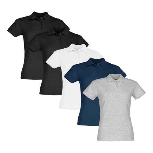 Fruit of the Loom 5er Pack Ladies´ 65/35 Polo Damen Poloshirt, 2xBlack + White + Navy + Heather Grey, M von Fruit of the Loom