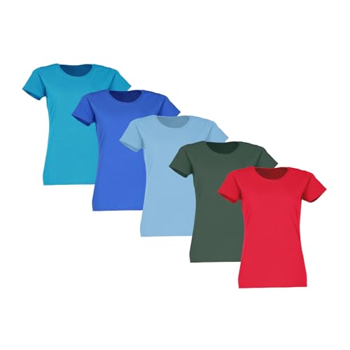 Fruit of the Loom 5er Pack Ladies´ Valueweight T Damen T-Shirt, Azure +Royal +Sky +Bottle +Red, L von Fruit of the Loom