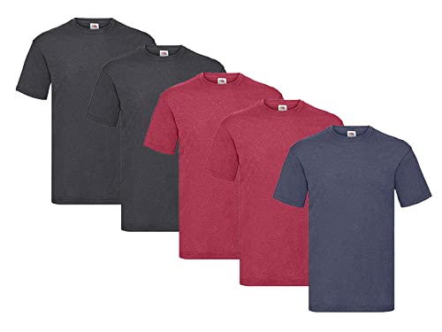 Fruit of the Loom 5er Pack T-Shirts, 2X Dark Heather + 2X Vintage Red + 1x Vintage Navy + 1 HL Kauf Notizblock, Größe XXL von Fruit of the Loom