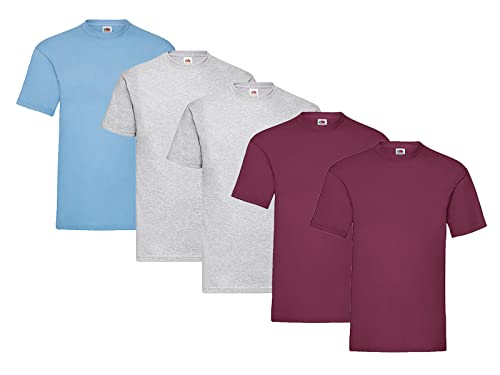 Fruit of the Loom 5er Pack T-Shirts, 2X Grau + 2X Burgund + 1x Pastellblau + 1 HL Kauf Notizblock, Größe 3XL von Fruit of the Loom