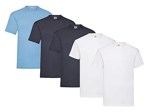 Fruit of the Loom 5er Pack T-Shirts, 2X Weiss + 2X Deep Navy + 1x Pastellblau + 1 HL Kauf Notizblock, Größe XXL von Fruit of the Loom