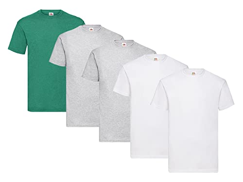 Fruit of the Loom 5er Pack T-Shirts, 2X Weiss + 2X Grau + 1x Retro Green + 1 HL Kauf Notizblock, Größe XL von Fruit of the Loom