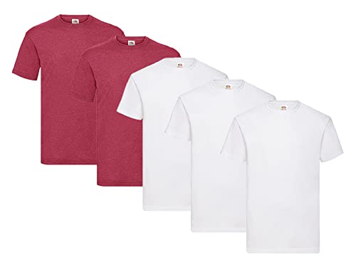 Fruit of the Loom 5er Pack T-Shirts, 3X Weiss + 2X Vintage Red + 1 HL Kauf Notizblock, Größe L von Fruit of the Loom