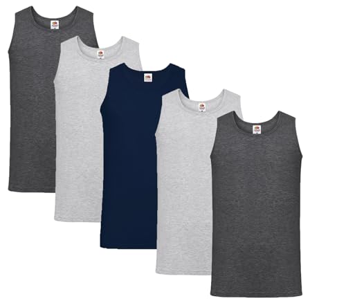 Fruit of the Loom 5er T Shirt Athletic MUSKELSHIRT M L XL XXL 3XL 4XL UNTERHEMD Tank TOP, 2xDarkHeater 2xGrau 1xDeepNavy + 1 HL-Kauf NotizblockL von Fruit of the Loom