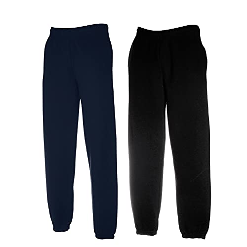 Fruit of the Loom Classic Jog Pants Herren Jogginghose mit offenem oder elastischem Beinabschluss, Größe:L, Farbe: 1x Deep Navy + 1x Schwarz + 1 HL Kauf Notizblock von Fruit of the Loom