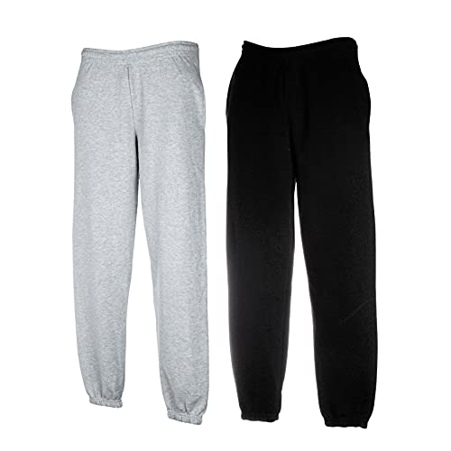 Fruit of the Loom Classic Jog Pants Herren Jogginghose mit offenem oder elastischem Beinabschluss, Größe:L, Farbe: 1x Grau + 1x Schwarz + 1 HL Kauf Notizblock von Fruit of the Loom