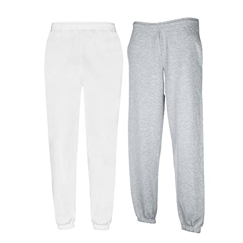 Fruit of the Loom Classic Jog Pants Herren Jogginghose mit elastischem oder offenem Beinabschluss (M, 1x Grau + 1x Weiss Elastisch + 1 HL Kauf Notizblock) von Fruit of the Loom