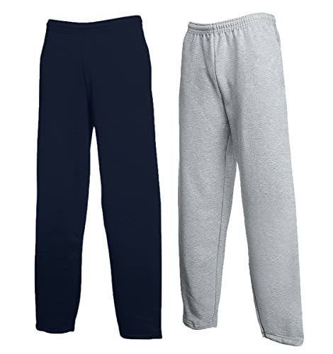 Fruit of the Loom Classic Jog Pants Herren Jogginghose mit offenem oder elastischem Beinabschluss, Größe:L, Farbe: 1x Grau + 1x Deep Navy + 1 HL Kauf Notizblock von Fruit of the Loom