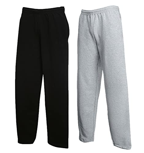 Fruit of the Loom Classic Jog Pants Herren Jogginghose mit offenem oder elastischem Beinabschluss, Größe:L, Farbe: 1x Grau + 1x Schwarz + 1 HL Kauf Notizblock von Fruit of the Loom