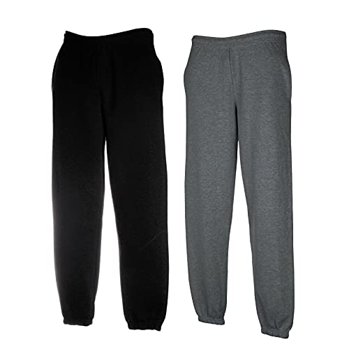 Fruit of the Loom Classic Jog Pants Herren Jogginghose mit offenem oder elastischem Beinabschluss, Größe:M, Farbe: 1x Schwarz + 1x Dark Heather + 1 HL Kauf Notizblock von Fruit of the Loom