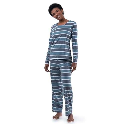 Fruit of the Loom Damen Langärmeliges T-Shirt und Hose, 2-teiliges Schlafset Pyjamaset, Blauer Streifen, X-Groß von Fruit of the Loom