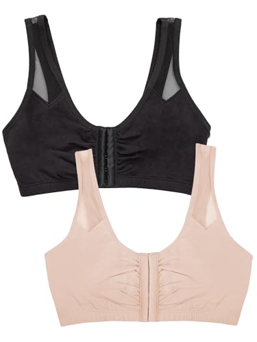 Fruit of the Loom Damen Comfort Front Close Bra with Mesh Straps Sport-BH, Undurchsichtige, Schwarz/Sandfarben, 90 (2er Pack) von Fruit of the Loom