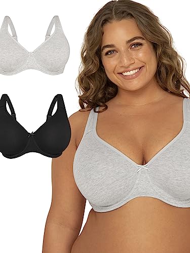 Fruit of the Loom Damen Fit for Me Collection: Plus-Size Unlined Underwire Bra-Cotton Comfort & Pinch-Free Straps BH mit voller Abdeckung, Undurchsichtige, Heather Grey/Black Hue, 90D (2er Pack) von Fruit of the Loom