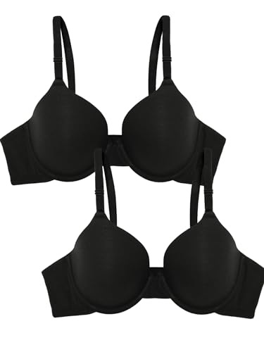 Fruit of the Loom Damen Glatter Baumwolle – Ultraweich, Flexibel und Unsichtbar Unter dem T-Shirt BH mit voller Abdeckung, Undurchsichtige, Schwarz/Schwarz, 90C (2er Pack) von Fruit of the Loom