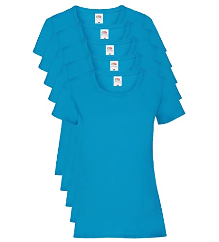 Fruit of the Loom Damen Regular Fit T-Shirt, 5er Pack, Blau (Azure Blau), 42 EU (Herstellergröße: L) von Fruit of the Loom