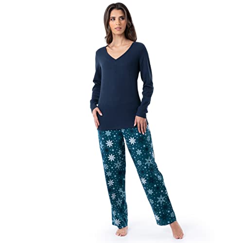 Fruit of the Loom Damen Schlafset mit V-Ausschnitt und Flanellhose mit Waffelmuster Pyjamaset, Mitternachtsblau/Schneeflocke, 46 von Fruit of the Loom