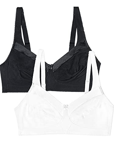 Fruit of the Loom Damen Seamed Soft Cup Wirefree Cotton Bra with Satin Trim BH mit voller Abdeckung, Undurchsichtige, schwarz/weiß, 95D (2er Pack) von Fruit of the Loom