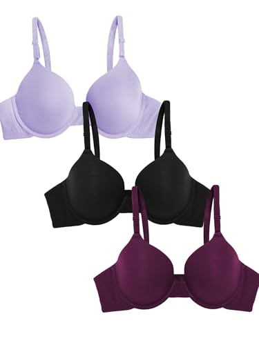 Fruit of the Loom Damen Smooth Cotton Bra-Ultra-Soft, Flexible, and Invisible Under Tees T-Shirt-BH, Undurchsichtige, Flieder Whisper/Lila Samt/Schwarz, 85C (3er Pack) von Fruit of the Loom