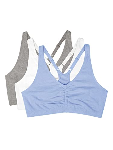 Fruit of the Loom Damen Verstellbarer Sport Geraffter Vorderseite, Racerback, Multipacks BH mit voller Abdeckung, Undurchsichtige, Heather Grey/White/Blue Gem, 90 (3er Pack) von Fruit of the Loom