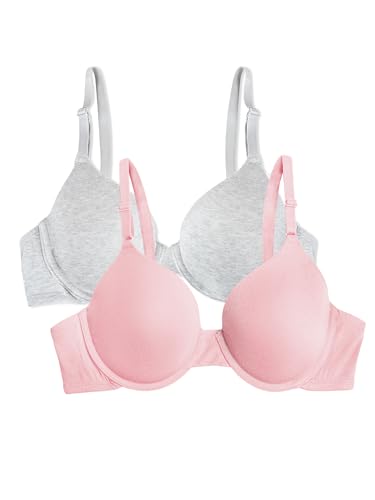 Fruit of the Loom Damen Smooth Cotton Bra-Ultra-Soft, Flexible, and Invisible Under Tees T-Shirt-BH, Undurchsichtige, Grey Heather/Blushing Rose, 85B (2er Pack) von Fruit of the Loom