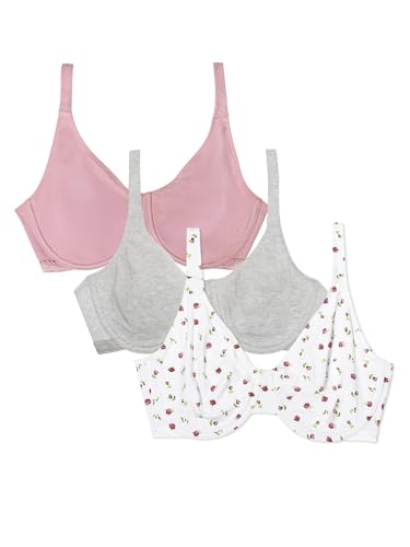 Fruit of the Loom Damen Ungefütterter Bügel Baumwoll-und Spandex-Mischung für Natürliche Form und Flexibilität BH mit voller Abdeckung, 0 cm, Tanzende Rosenknospen/Lilas/Grau, 80B (3er Pack) von Fruit of the Loom