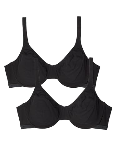 Fruit of the Loom Damen Unlined Underwire Bra-Cotton & Spandex Blend for Natural Shape and Flexibility BH mit voller Abdeckung, Undurchsichtige, Schwarz/Schwarz, 85DD (2er Pack) von Fruit of the Loom